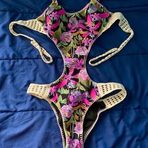 Neon floral crochet cut out one piece monokini